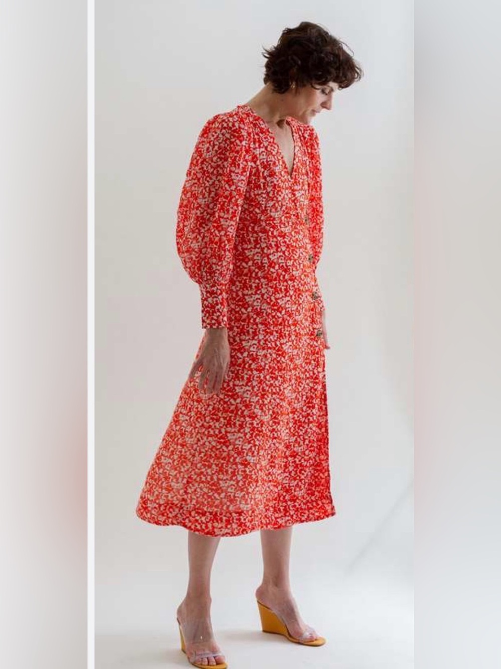 new Ganni Red White Floral Midi Dress Puff Sleeve Button Detail Size 40 - Picture 4 of 10